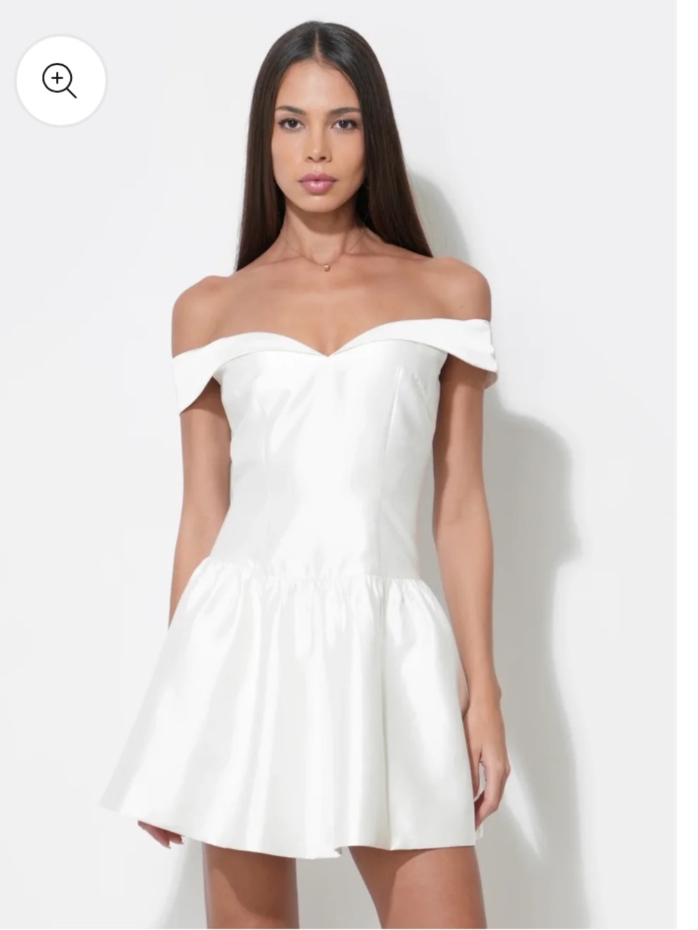 ADELYN RAE 
DARCY OFF SHOULDER SATIN DROP WAIST MINI DRESS